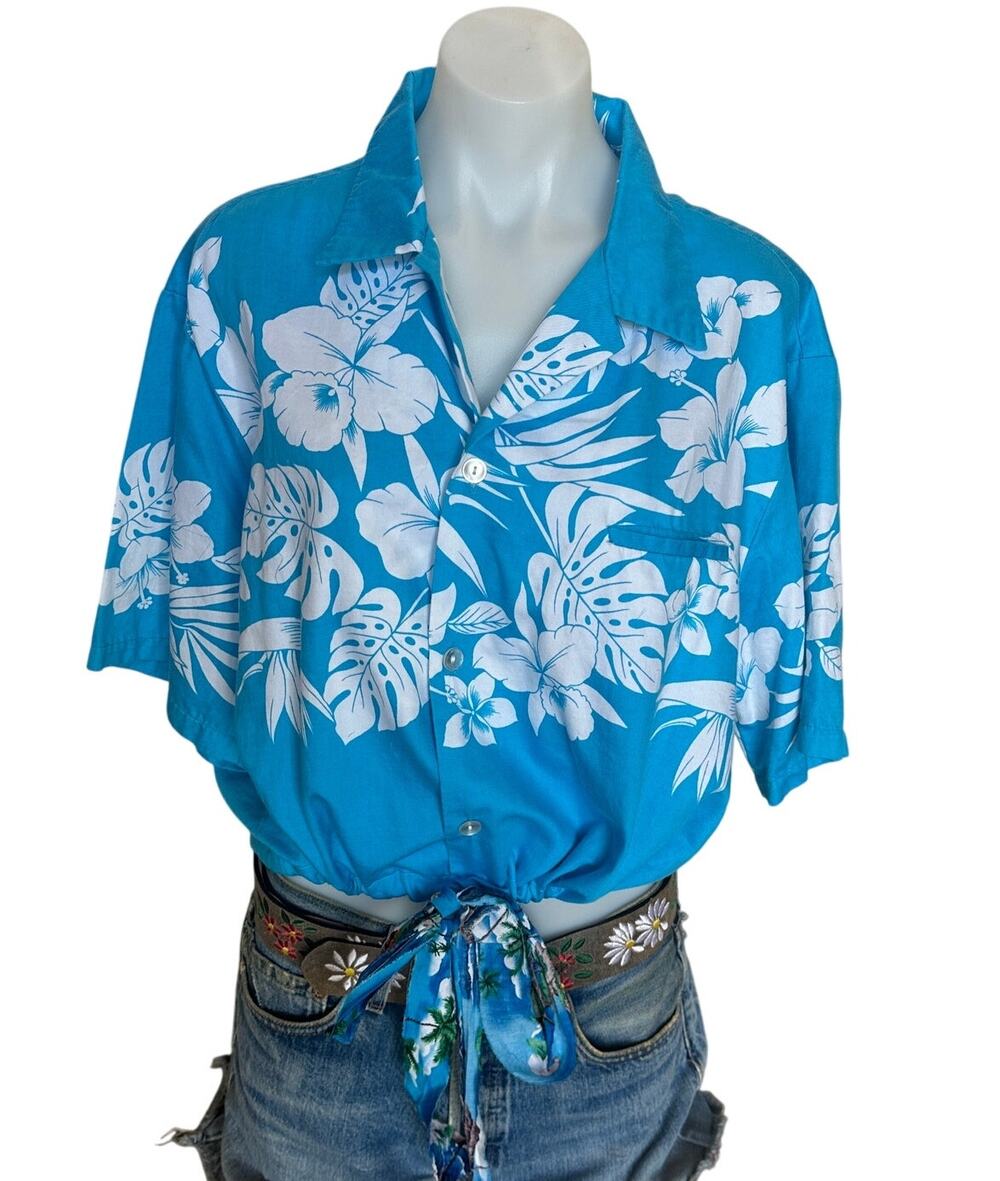 Hawaiian Shirt Button Down Crop Top One Size Oversized Hibiscus Turquoise Unique